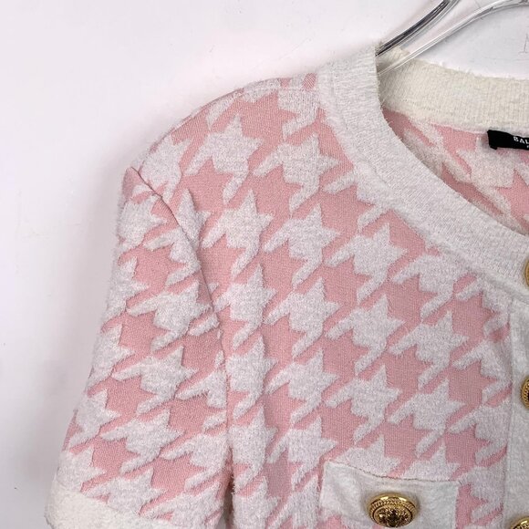 Houndstooth Pink & White Balmain Short Sleeve Cardigan With Gold Buttons - Picture 3 of 8